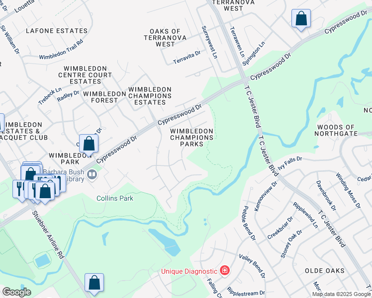 map of restaurants, bars, coffee shops, grocery stores, and more near 6326 Cash Oaks Drive in Spring