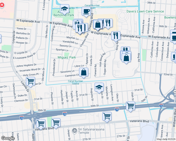map of restaurants, bars, coffee shops, grocery stores, and more near 916 Sessions Lane in Kenner