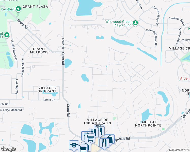 map of restaurants, bars, coffee shops, grocery stores, and more near 14031 Windover Park Lane in Harris County