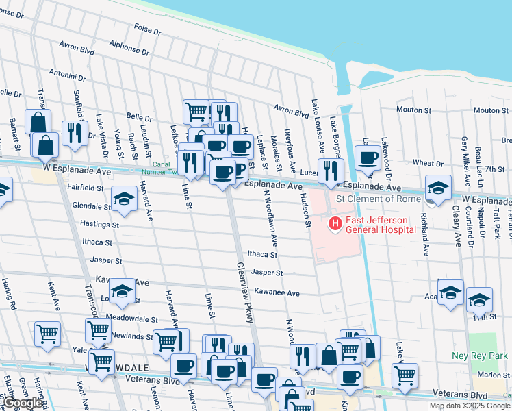map of restaurants, bars, coffee shops, grocery stores, and more near 4512 Fairfield Street in Metairie