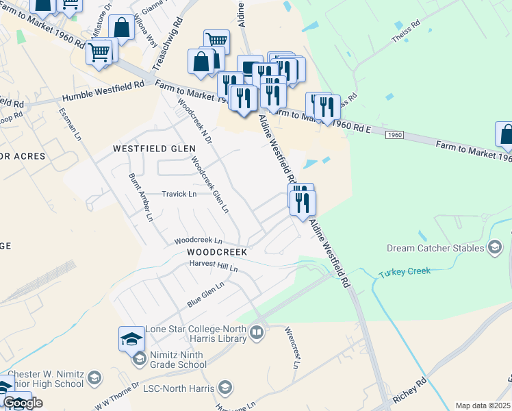 map of restaurants, bars, coffee shops, grocery stores, and more near 3107 Dogwood Springs Dr in Houston