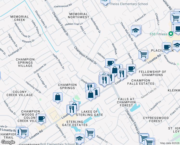 map of restaurants, bars, coffee shops, grocery stores, and more near 17015 Vintagewood Lane in Spring