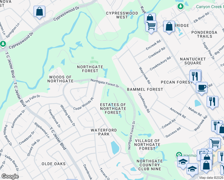 map of restaurants, bars, coffee shops, grocery stores, and more near 16815 Southern Oaks Drive in Houston