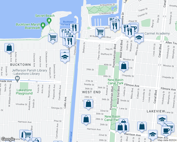 map of restaurants, bars, coffee shops, grocery stores, and more near 412 39th Street in New Orleans