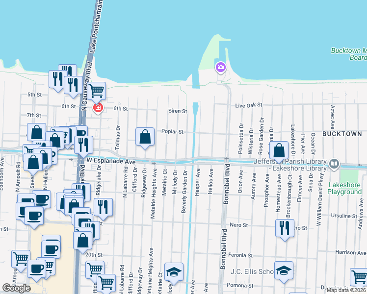 map of restaurants, bars, coffee shops, grocery stores, and more near 1325 Beverly Garden Drive in Metairie