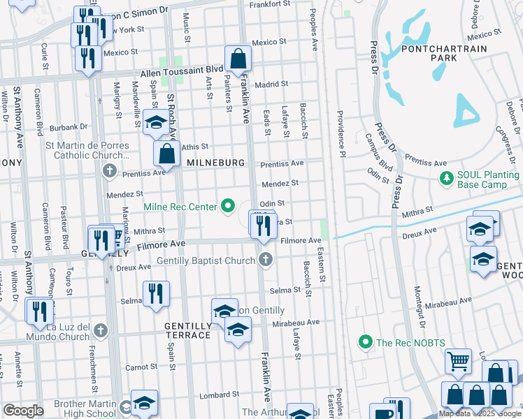 map of restaurants, bars, coffee shops, grocery stores, and more near 5431 Franklin Avenue in New Orleans