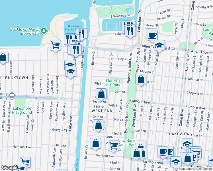 map of restaurants, bars, coffee shops, grocery stores, and more near 306 39th Street in New Orleans