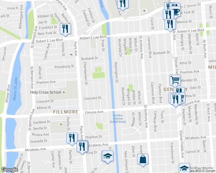 map of restaurants, bars, coffee shops, grocery stores, and more near 5601 Pratt Drive in New Orleans