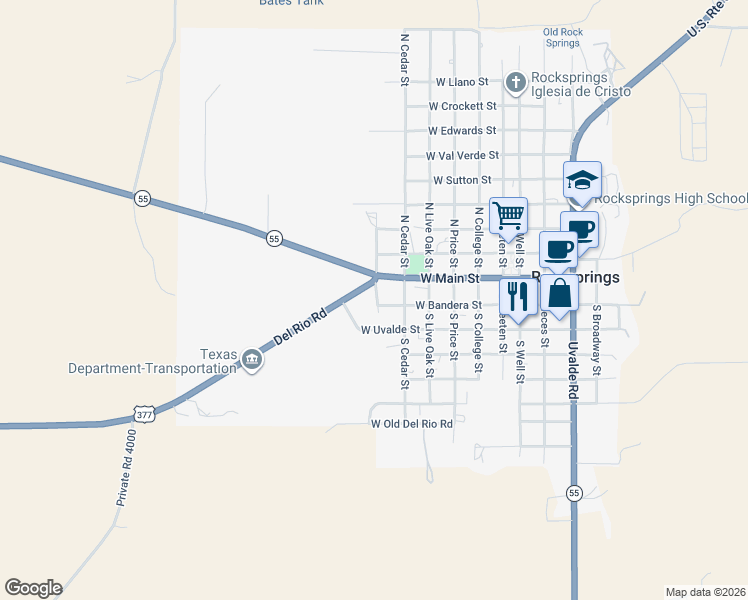 map of restaurants, bars, coffee shops, grocery stores, and more near West Bandera Street in Rocksprings