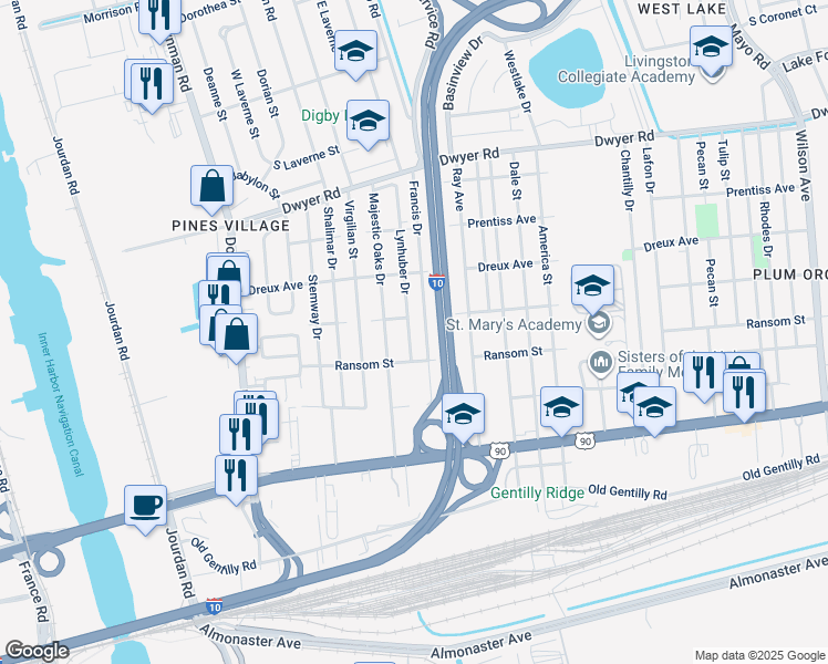 map of restaurants, bars, coffee shops, grocery stores, and more near 4552 Lynhuber Drive in New Orleans