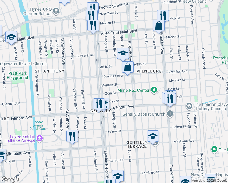 map of restaurants, bars, coffee shops, grocery stores, and more near 2257 Odin Street in New Orleans