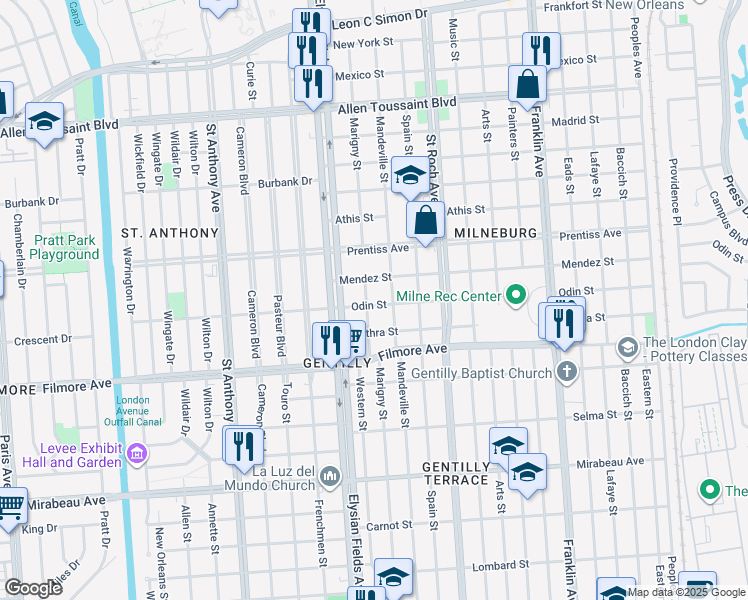 map of restaurants, bars, coffee shops, grocery stores, and more near 2257 Odin Street in New Orleans
