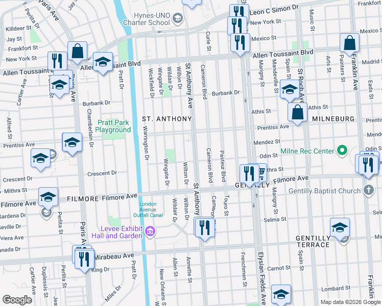 map of restaurants, bars, coffee shops, grocery stores, and more near 5509 Wilton Drive in New Orleans