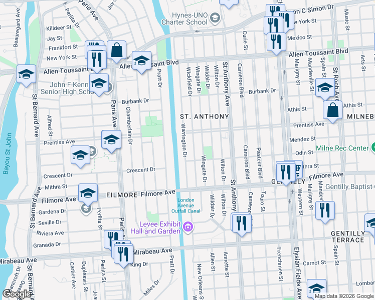 map of restaurants, bars, coffee shops, grocery stores, and more near 5511 Warrington Drive in New Orleans
