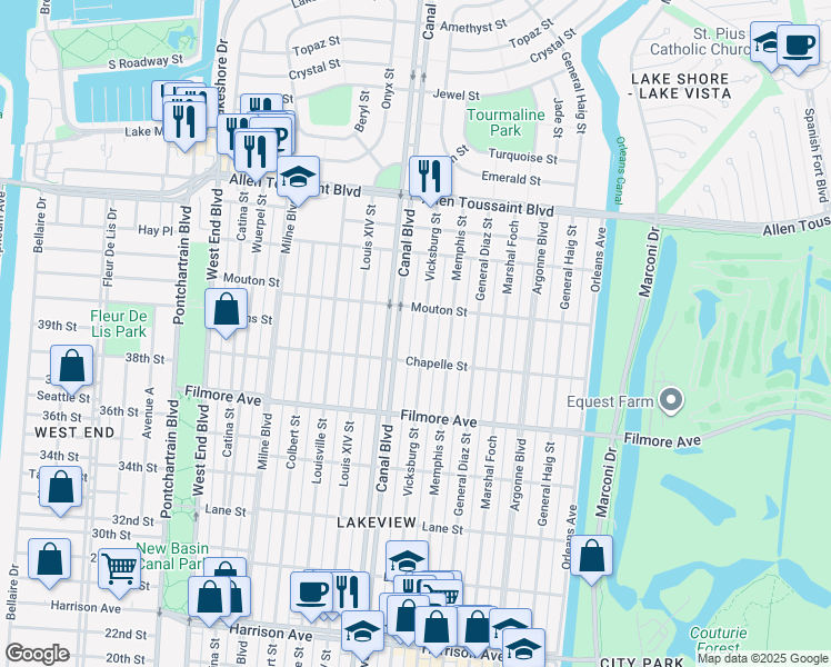 map of restaurants, bars, coffee shops, grocery stores, and more near 6855 Canal Boulevard in New Orleans