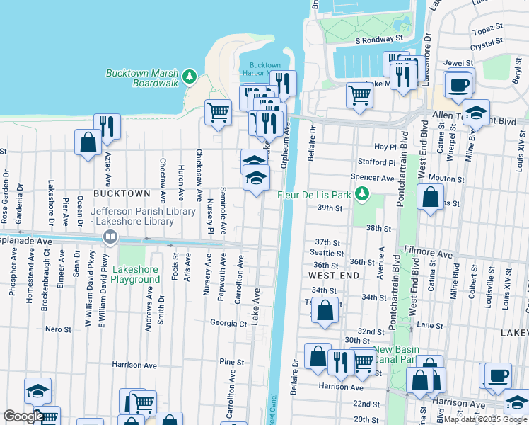 map of restaurants, bars, coffee shops, grocery stores, and more near 1541 Lake Avenue in Metairie