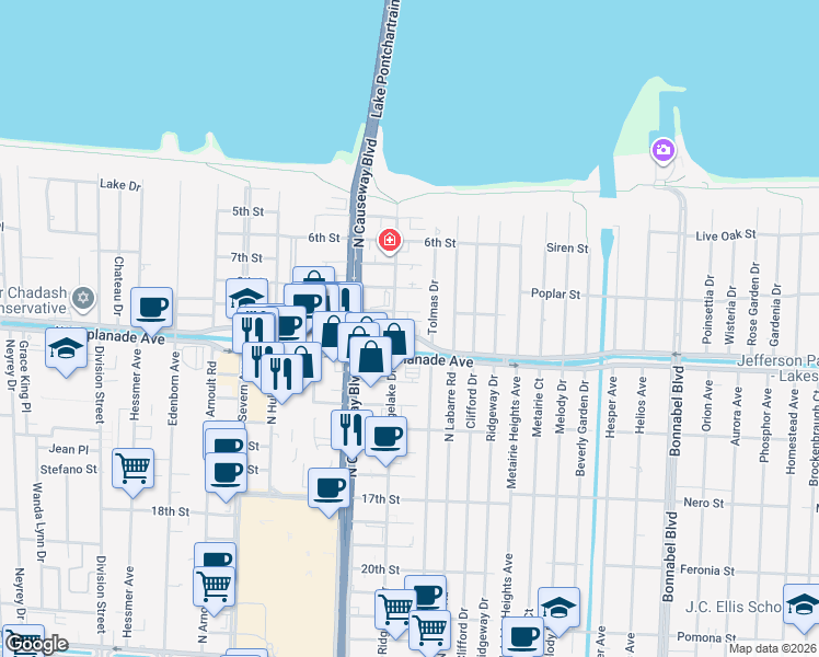 map of restaurants, bars, coffee shops, grocery stores, and more near 3629 Ridgelake Drive in Metairie