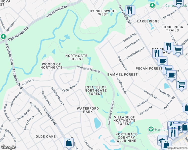 map of restaurants, bars, coffee shops, grocery stores, and more near 16815 Southern Oaks Drive in Houston