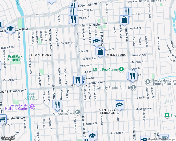 map of restaurants, bars, coffee shops, grocery stores, and more near 2257 Odin Street in New Orleans
