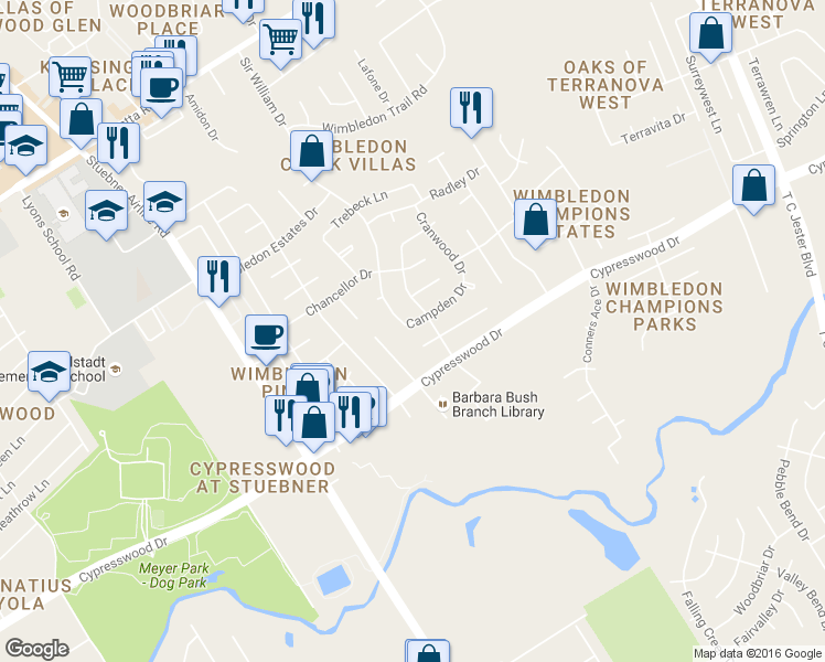 map of restaurants, bars, coffee shops, grocery stores, and more near 6711 Campden Dr in Spring