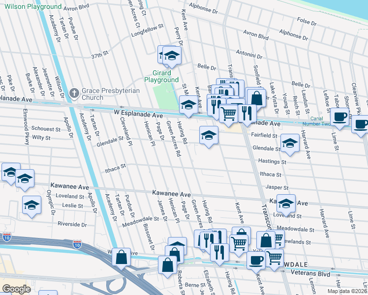 map of restaurants, bars, coffee shops, grocery stores, and more near 4113 Green Acres Road in Metairie