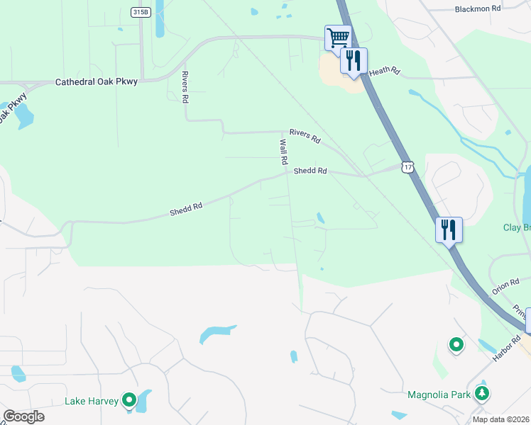 map of restaurants, bars, coffee shops, grocery stores, and more near 3376 Wall Road in Green Cove Springs
