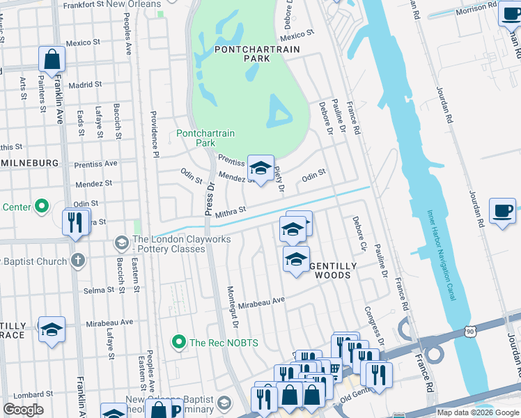 map of restaurants, bars, coffee shops, grocery stores, and more near 4500 Mithra Street in New Orleans