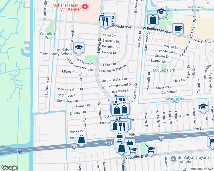 map of restaurants, bars, coffee shops, grocery stores, and more near 406 Incarnate Word Drive in Kenner