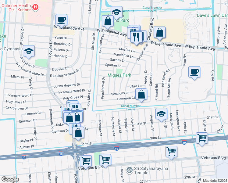 map of restaurants, bars, coffee shops, grocery stores, and more near 3265 Glen Eagle Lane in Kenner