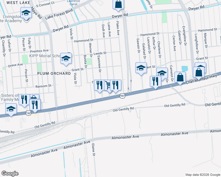 map of restaurants, bars, coffee shops, grocery stores, and more near 4333 Dodt Avenue in New Orleans