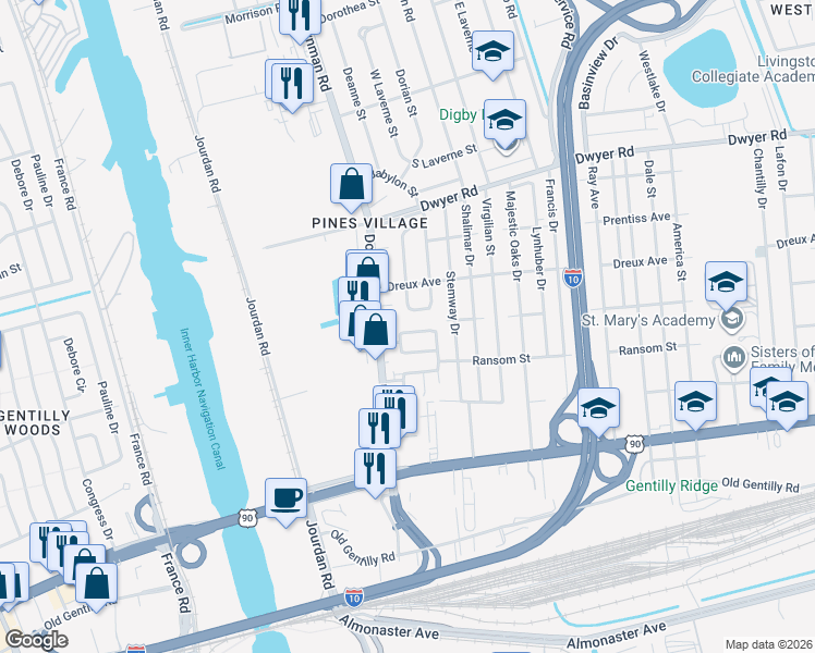 map of restaurants, bars, coffee shops, grocery stores, and more near 6030 Beechcraft Street in New Orleans