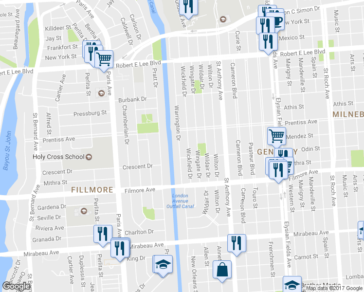 map of restaurants, bars, coffee shops, grocery stores, and more near 5511 Warrington Drive in New Orleans