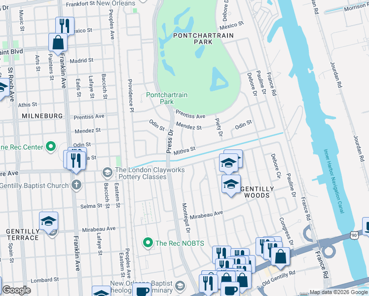 map of restaurants, bars, coffee shops, grocery stores, and more near 4225 Mithra Street in New Orleans