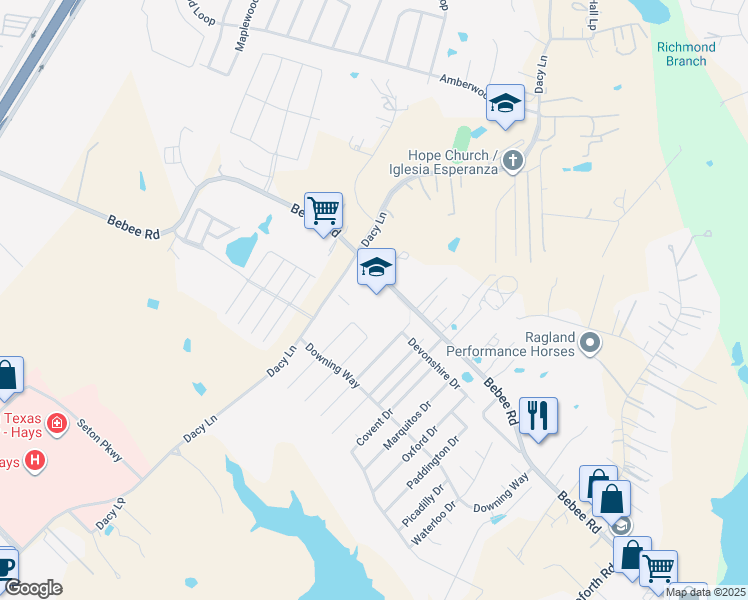 map of restaurants, bars, coffee shops, grocery stores, and more near 1510 Bebee Road in Kyle