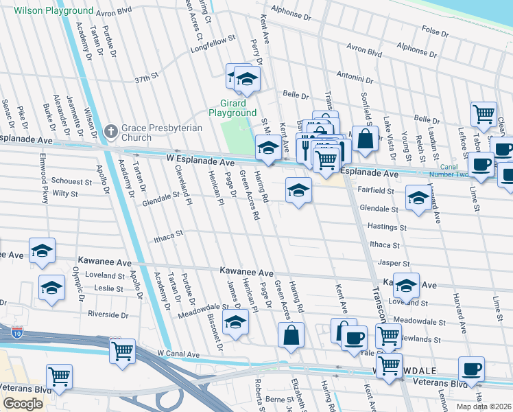 map of restaurants, bars, coffee shops, grocery stores, and more near 4113 Green Acres Road in Metairie