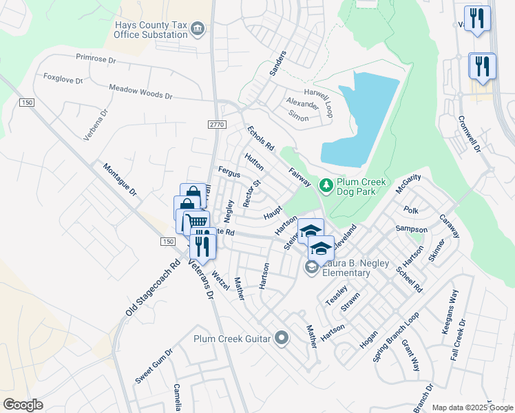 map of restaurants, bars, coffee shops, grocery stores, and more near 142 Horton in Kyle