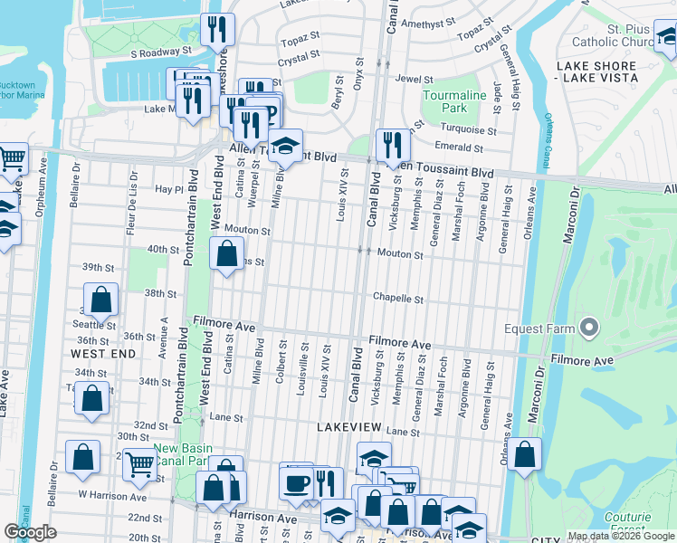 map of restaurants, bars, coffee shops, grocery stores, and more near 6839 Louis XIV Street in New Orleans