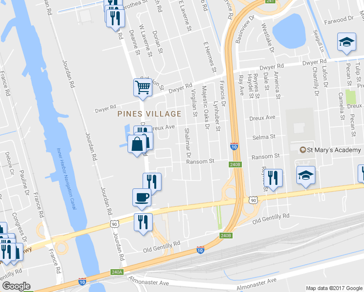 map of restaurants, bars, coffee shops, grocery stores, and more near 4553 Stemway Drive in New Orleans