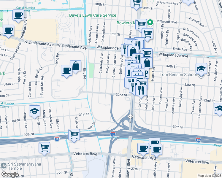 map of restaurants, bars, coffee shops, grocery stores, and more near 3207 Connecticut Avenue in Kenner