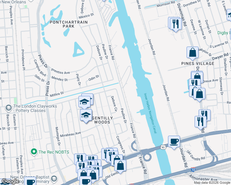map of restaurants, bars, coffee shops, grocery stores, and more near 5166 Pauline Drive in New Orleans