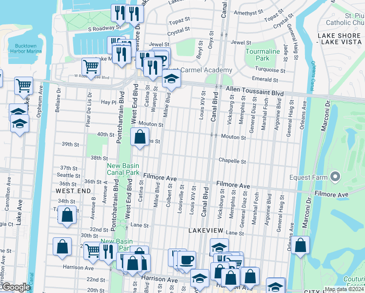 map of restaurants, bars, coffee shops, grocery stores, and more near 6830 Louisville Street in New Orleans