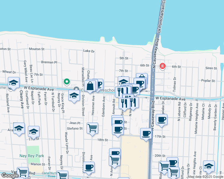 map of restaurants, bars, coffee shops, grocery stores, and more near 3531 West Esplanade Avenue in Metairie