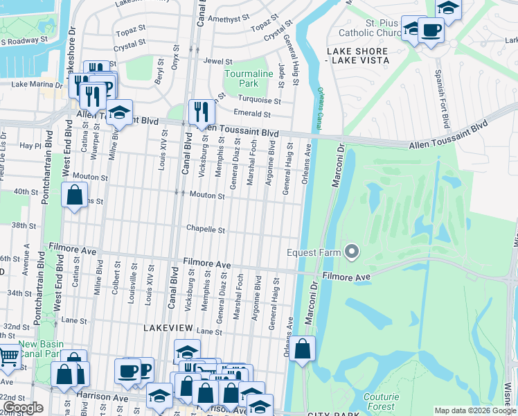 map of restaurants, bars, coffee shops, grocery stores, and more near 6864 Argonne Boulevard in New Orleans