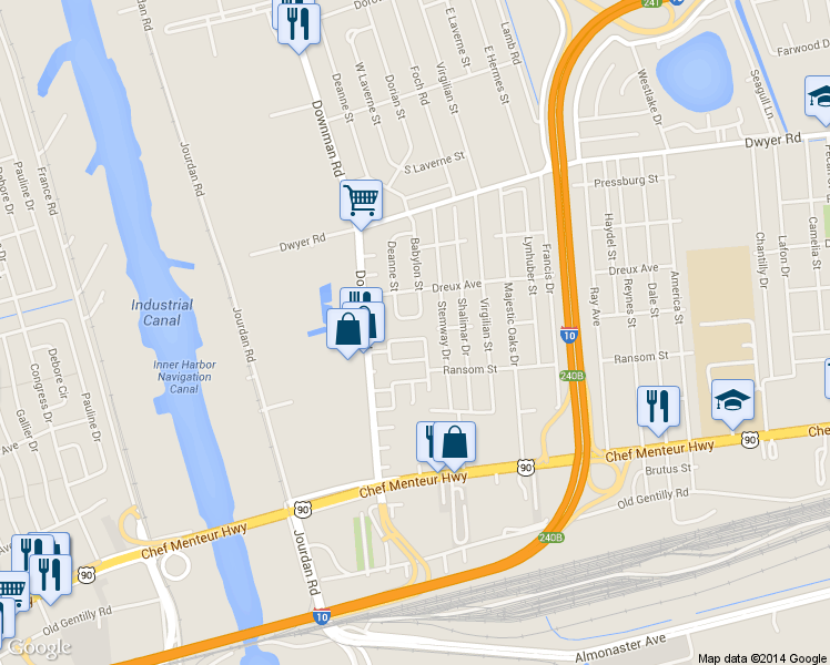 map of restaurants, bars, coffee shops, grocery stores, and more near 6030 Beechcraft Street in New Orleans