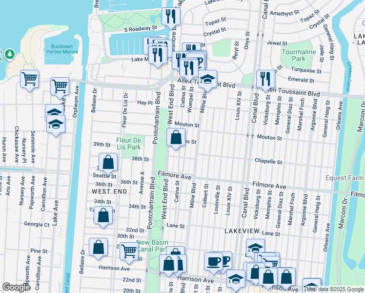 map of restaurants, bars, coffee shops, grocery stores, and more near 6817 Catina Street in New Orleans