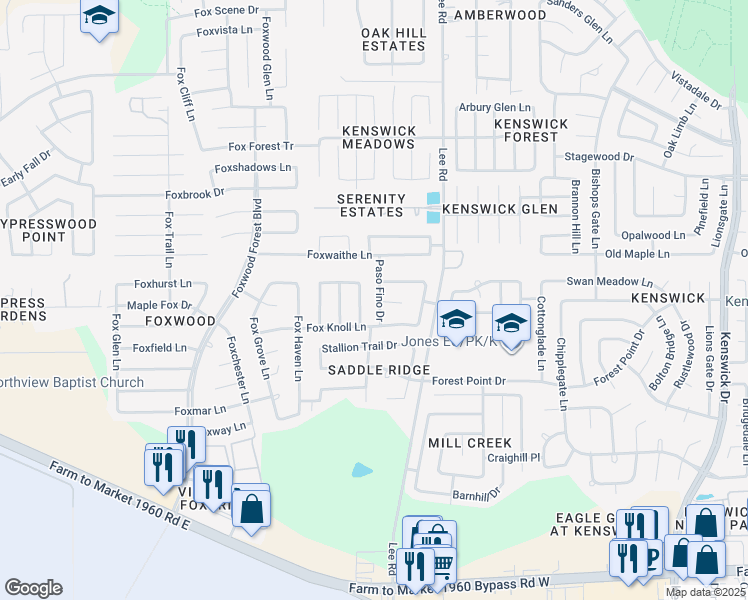 map of restaurants, bars, coffee shops, grocery stores, and more near 20331 Paso Fino Drive in Humble