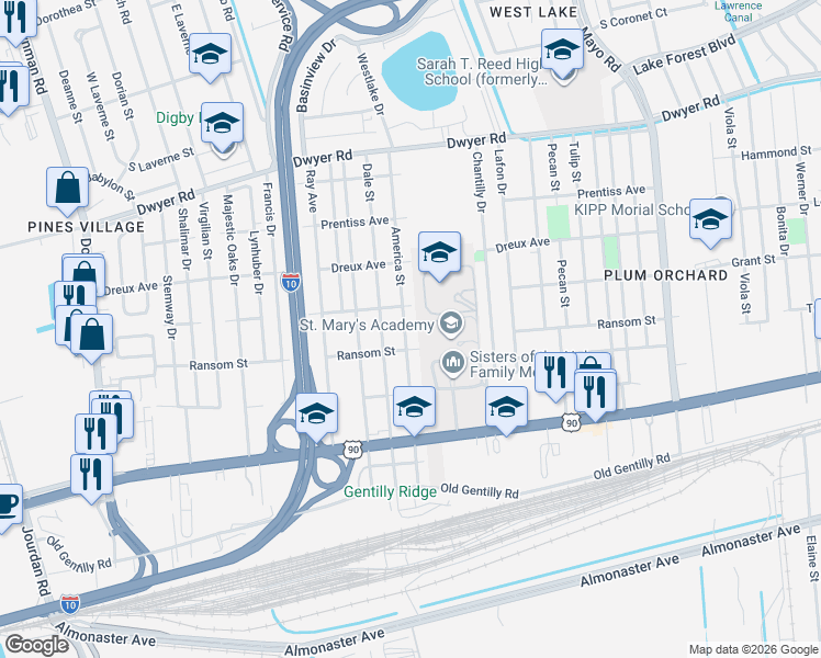 map of restaurants, bars, coffee shops, grocery stores, and more near 4429 America Street in New Orleans