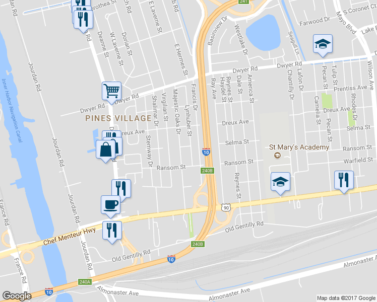 map of restaurants, bars, coffee shops, grocery stores, and more near 4552 Lynhuber Dr in New Orleans