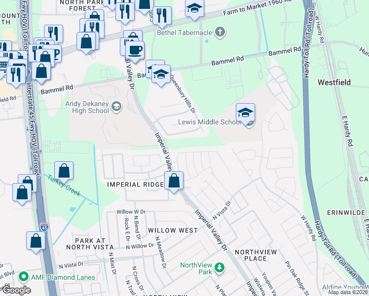 map of restaurants, bars, coffee shops, grocery stores, and more near 958 Lancaster Lake Drive in Houston