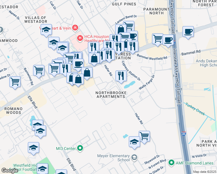 map of restaurants, bars, coffee shops, grocery stores, and more near 17217 Hafer Road in Houston